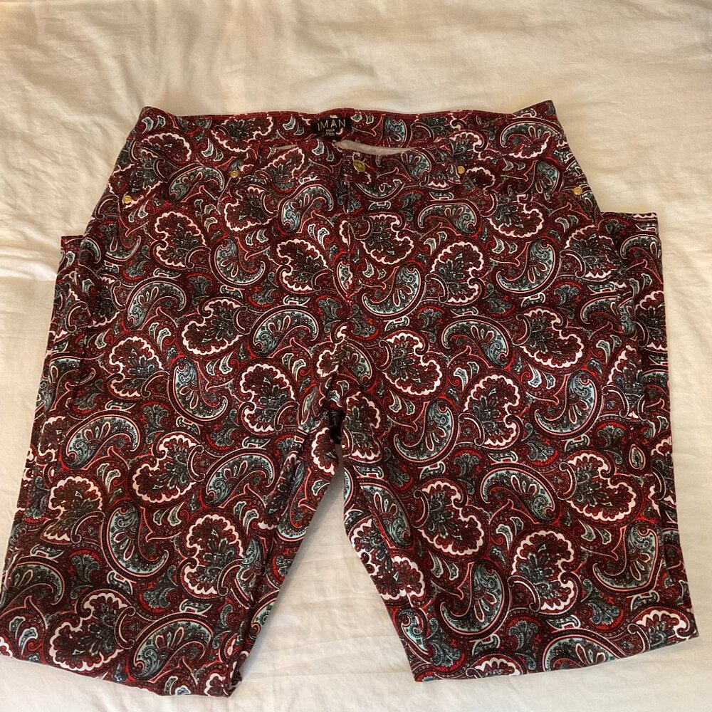 IMAN Red Paisley Print Stretch Pants Size 16WP Bold Statement Trousers